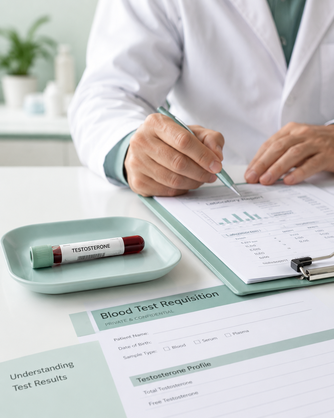 Clinical blood testing and healthcare paperwork